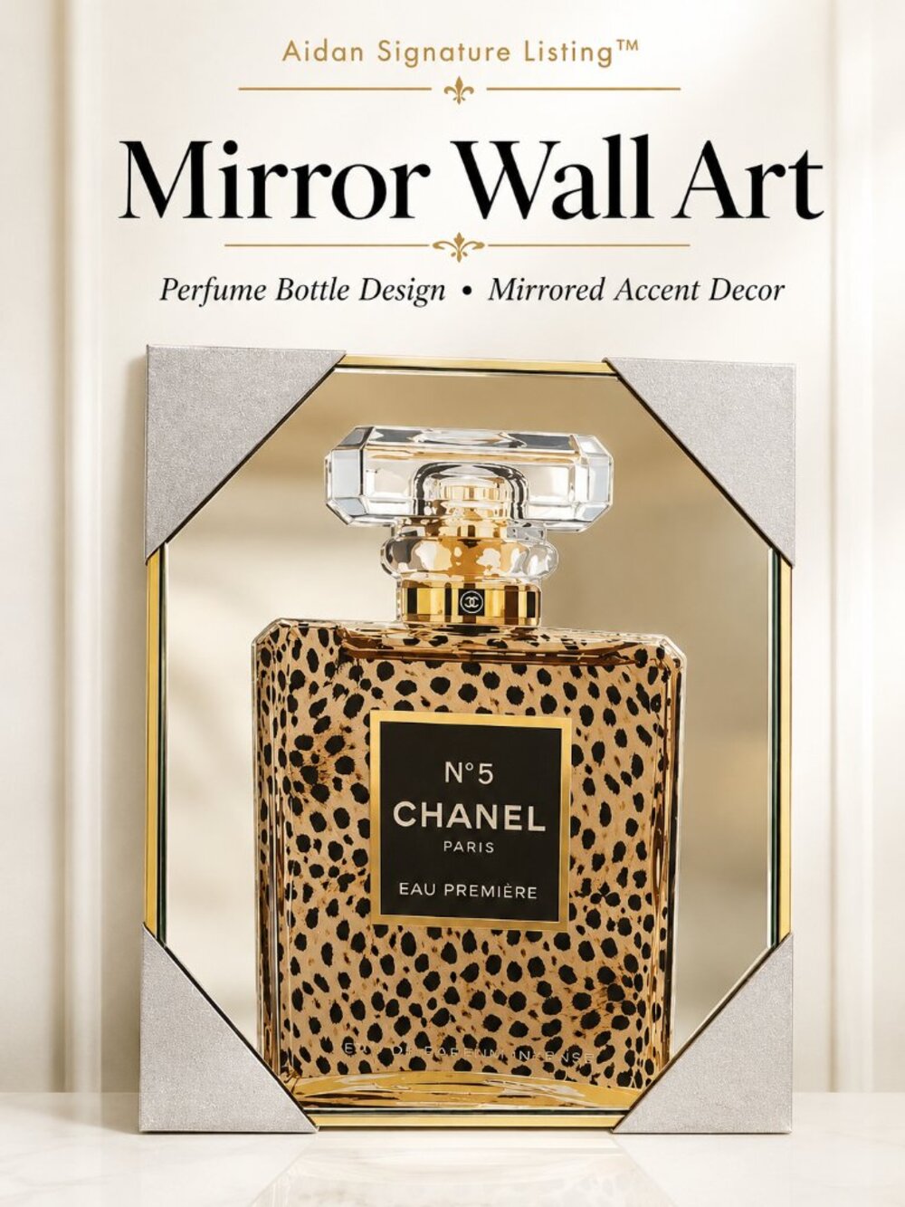 Glam Perfume Bottle Mirror Wall Art Leopard Print Vanity Decor
